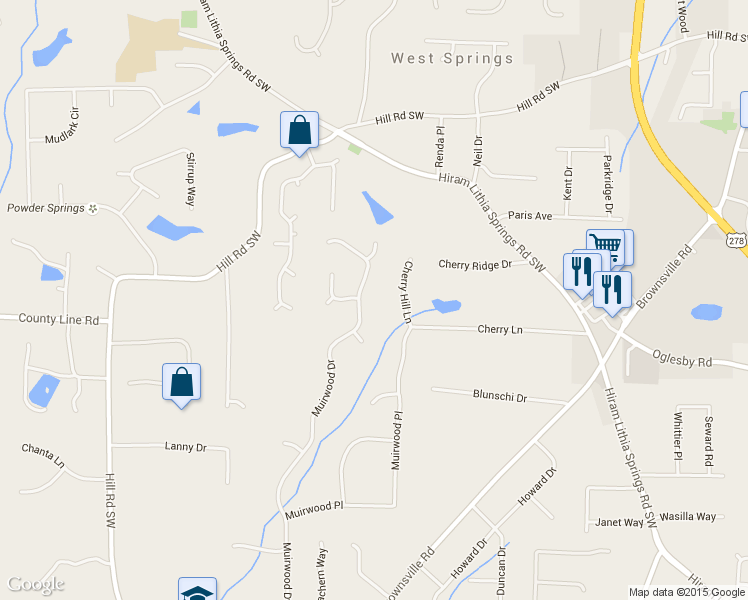 map of restaurants, bars, coffee shops, grocery stores, and more near 4876 Muirwood Drive in Powder Springs