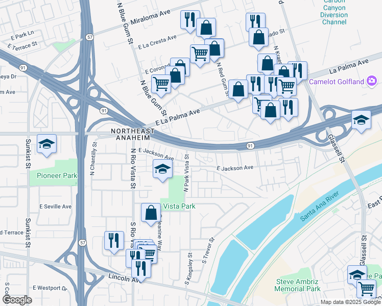 map of restaurants, bars, coffee shops, grocery stores, and more near 500 North Park Vista Street in Anaheim