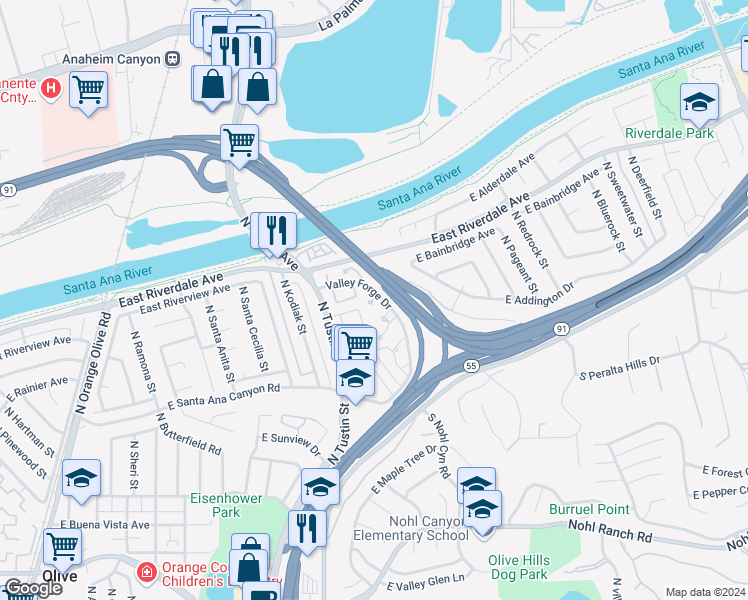 map of restaurants, bars, coffee shops, grocery stores, and more near 4004 East Crockett Drive in Anaheim