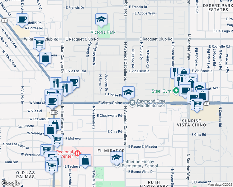 map of restaurants, bars, coffee shops, grocery stores, and more near 866 East Louise Drive in Palm Springs