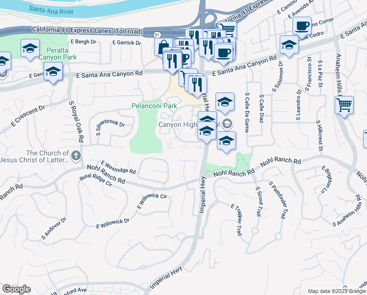 map of restaurants, bars, coffee shops, grocery stores, and more near 5626 East Vista Del Valle in Anaheim