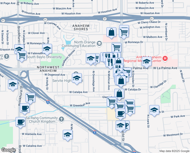 map of restaurants, bars, coffee shops, grocery stores, and more near 948 North Onondaga Avenue in Anaheim
