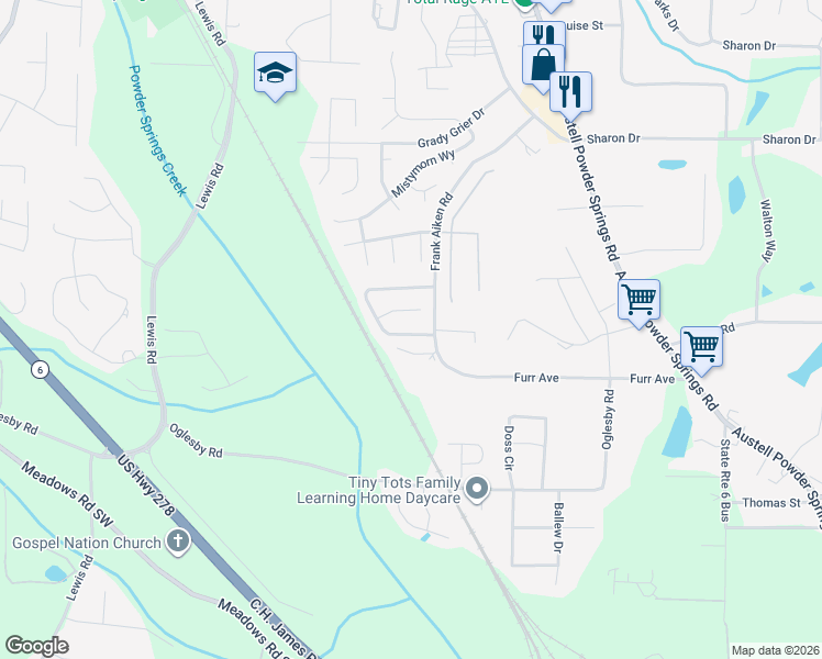 map of restaurants, bars, coffee shops, grocery stores, and more near 4349 Starboard Drive in Powder Springs