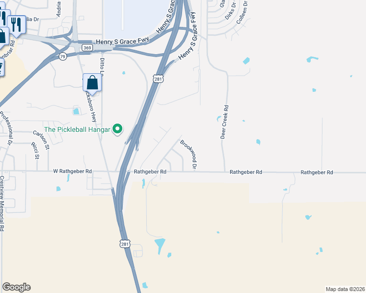 map of restaurants, bars, coffee shops, grocery stores, and more near 5200 Brookwood Drive in Wichita Falls
