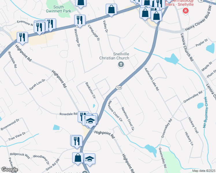 map of restaurants, bars, coffee shops, grocery stores, and more near 2509 Pierce Circle in Snellville