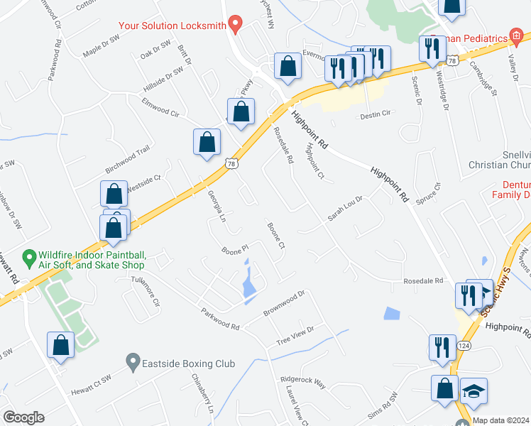 map of restaurants, bars, coffee shops, grocery stores, and more near 2224 Boone Court in Snellville