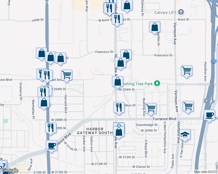 map of restaurants, bars, coffee shops, grocery stores, and more near 20333 South Normandie Avenue in Torrance
