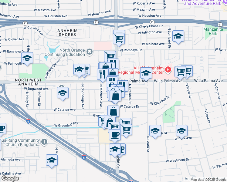 map of restaurants, bars, coffee shops, grocery stores, and more near 1007 North Euclid Street in Anaheim