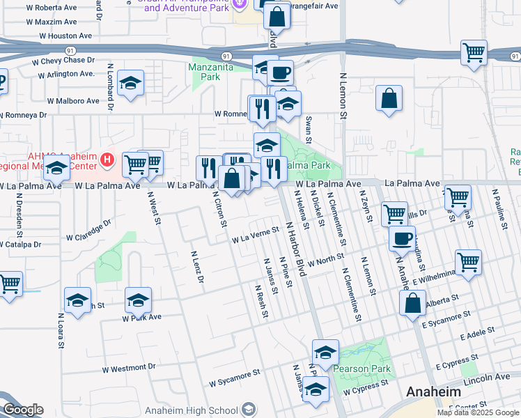 map of restaurants, bars, coffee shops, grocery stores, and more near 920 North Janss Street in Anaheim