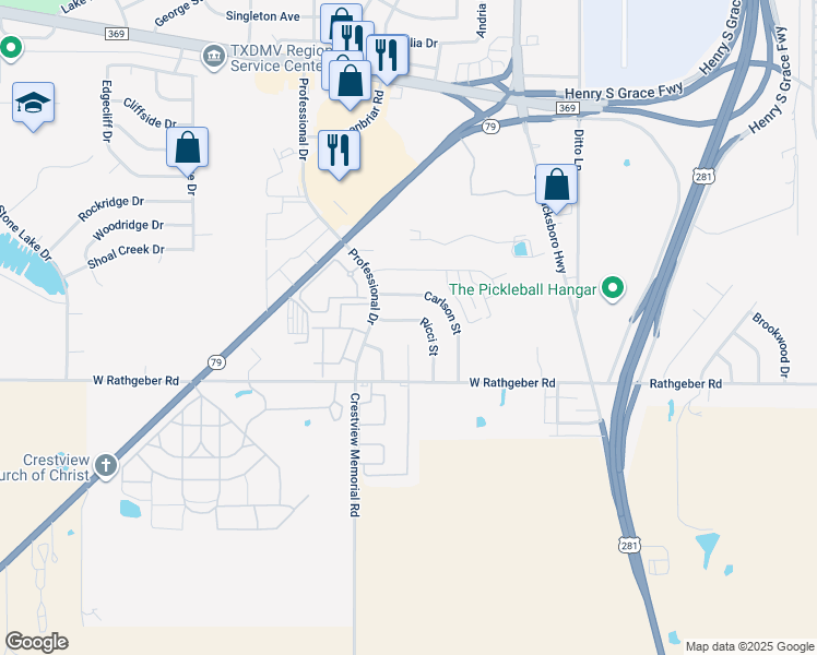 map of restaurants, bars, coffee shops, grocery stores, and more near 5412 Ricci Street in Wichita Falls