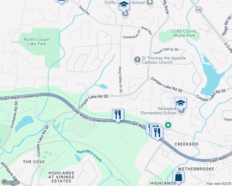 map of restaurants, bars, coffee shops, grocery stores, and more near 1005 Cooper Lake Rd SE in Smyrna