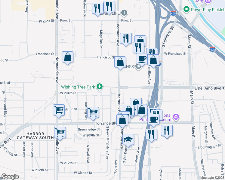map of restaurants, bars, coffee shops, grocery stores, and more near 920 West Del Amo Boulevard in Torrance