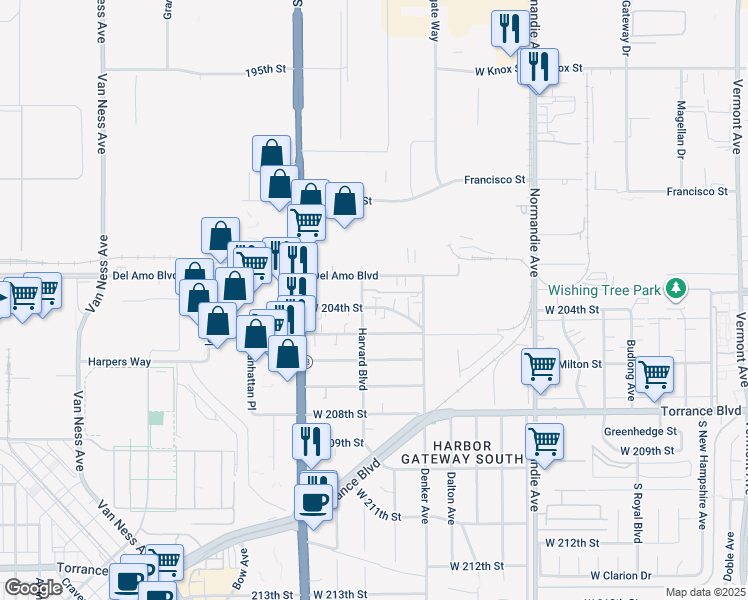 map of restaurants, bars, coffee shops, grocery stores, and more near 1555 West 204th Street in Torrance
