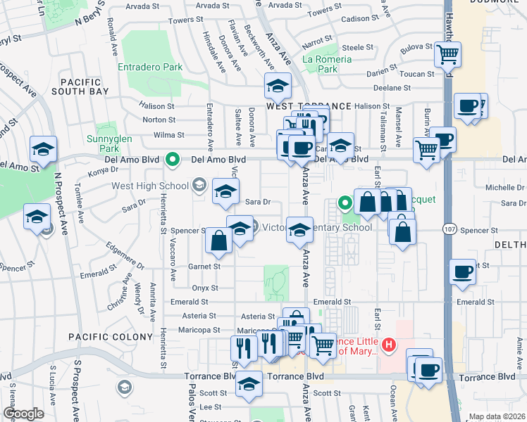 map of restaurants, bars, coffee shops, grocery stores, and more near 4815 White Court in Torrance