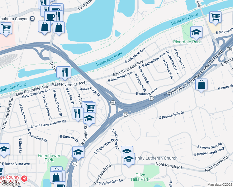 map of restaurants, bars, coffee shops, grocery stores, and more near 4045 East Summer Creek Lane in Anaheim