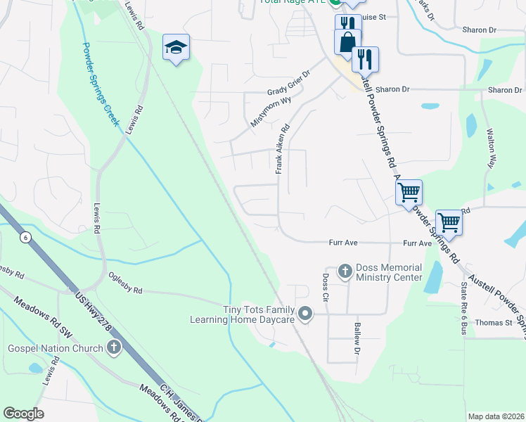 map of restaurants, bars, coffee shops, grocery stores, and more near 4351 Starboard Drive in Powder Springs