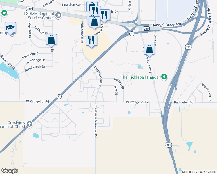 map of restaurants, bars, coffee shops, grocery stores, and more near 5412 Ricci Street in Wichita Falls