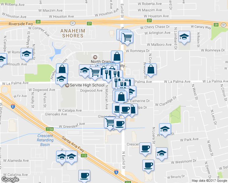 map of restaurants, bars, coffee shops, grocery stores, and more near 1723 West Francis Drive in Anaheim