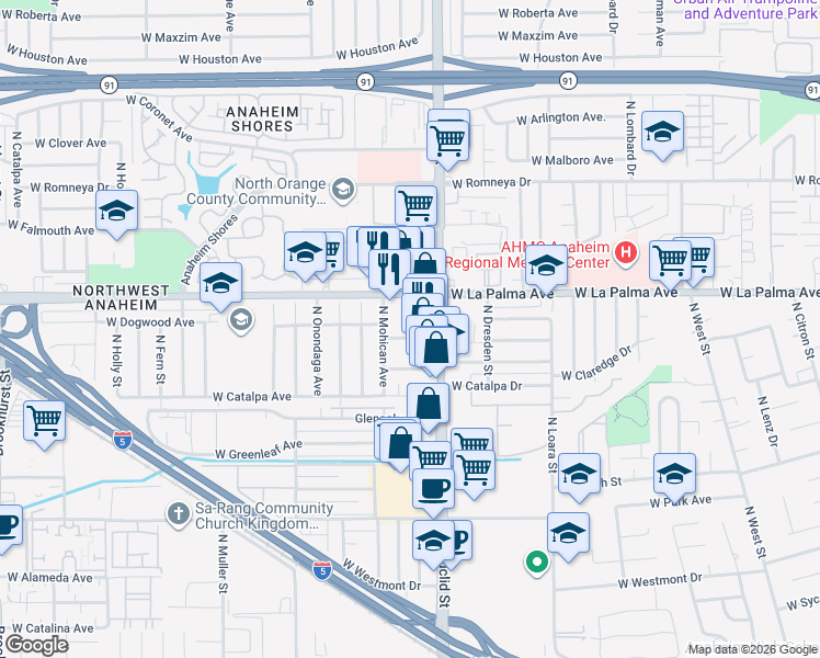 map of restaurants, bars, coffee shops, grocery stores, and more near 1723 West Francis Drive in Anaheim