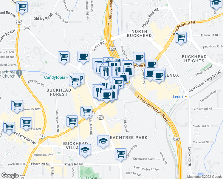 map of restaurants, bars, coffee shops, grocery stores, and more near 3330 Peachtree Street Northeast in Atlanta