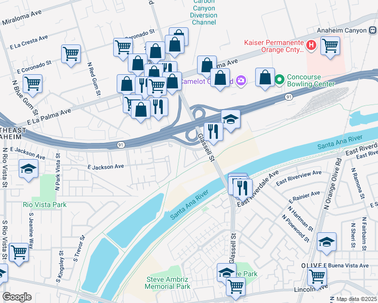 map of restaurants, bars, coffee shops, grocery stores, and more near 3070 East Frontera Street in Anaheim