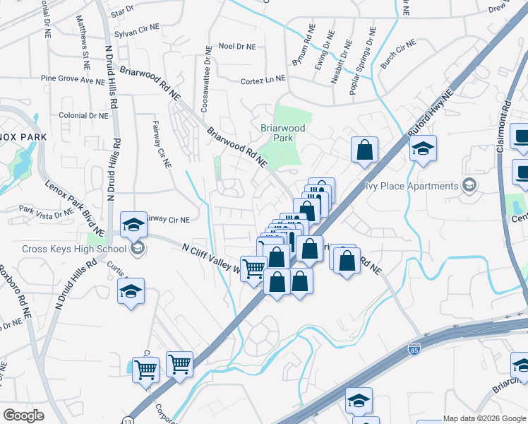map of restaurants, bars, coffee shops, grocery stores, and more near 1369 Keys Crossing Drive Northeast in Atlanta
