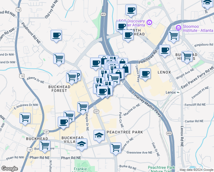 map of restaurants, bars, coffee shops, grocery stores, and more near in Atlanta