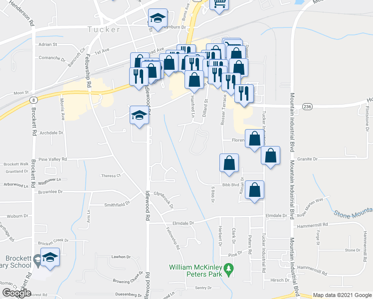 map of restaurants, bars, coffee shops, grocery stores, and more near 2153 Dillard Crossing in Tucker