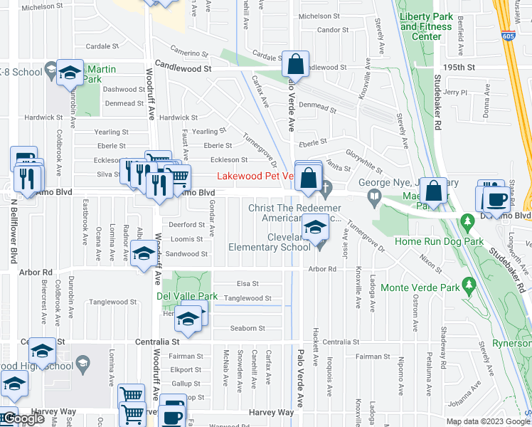 map of restaurants, bars, coffee shops, grocery stores, and more near 4833 Carfax Avenue in Lakewood