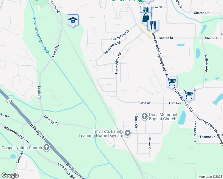 map of restaurants, bars, coffee shops, grocery stores, and more near 4351 Starboard Drive in Powder Springs