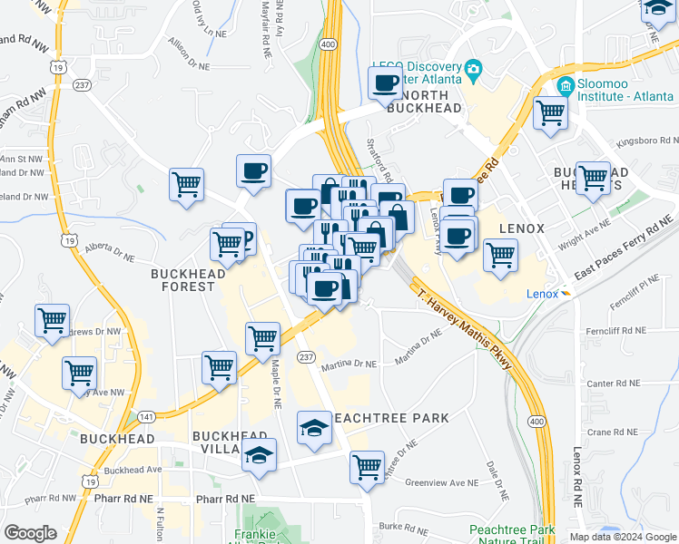 map of restaurants, bars, coffee shops, grocery stores, and more near 3324 Peachtree Road Northeast in Atlanta