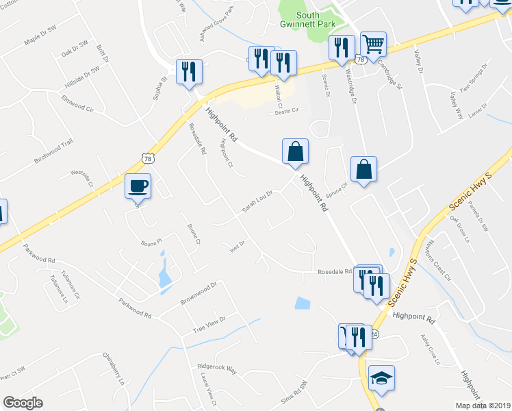 map of restaurants, bars, coffee shops, grocery stores, and more near 3194 Sarah Lou Drive in Snellville