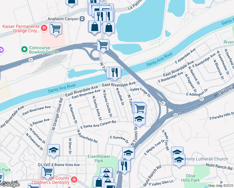 map of restaurants, bars, coffee shops, grocery stores, and more near 409 North Kodiak Street in Anaheim