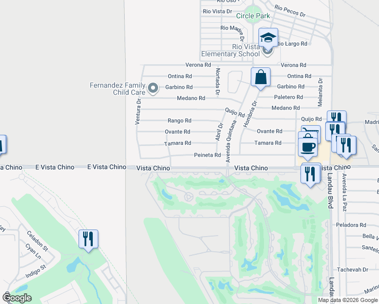 map of restaurants, bars, coffee shops, grocery stores, and more near 67330 Peineta Road in Cathedral City