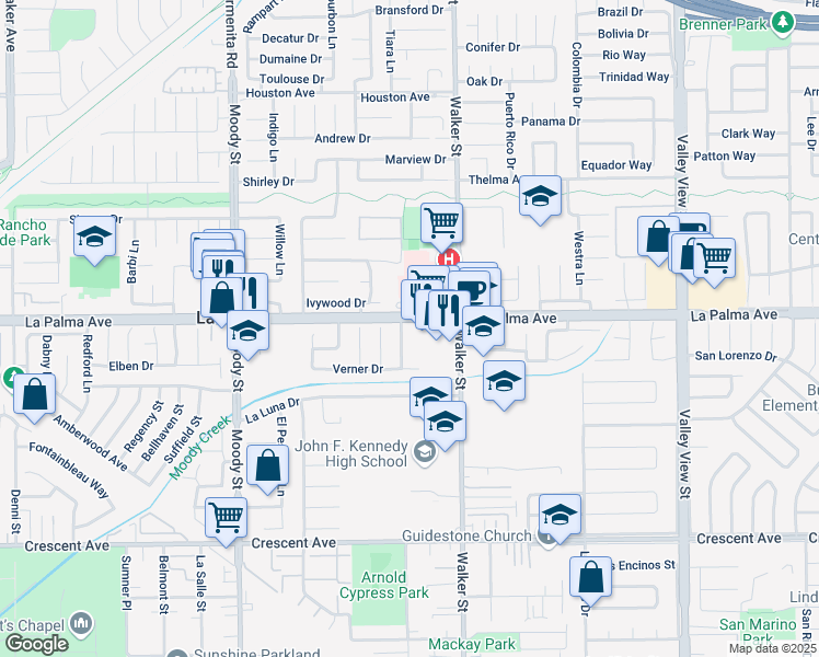 map of restaurants, bars, coffee shops, grocery stores, and more near 8012 De Vries Lane in La Palma