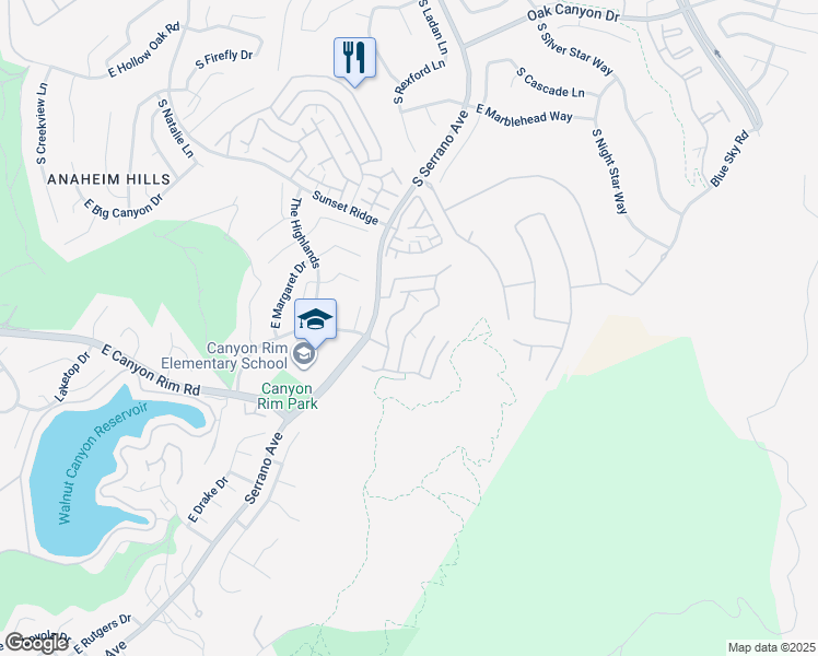 map of restaurants, bars, coffee shops, grocery stores, and more near 1055 South Sundance Drive in Anaheim