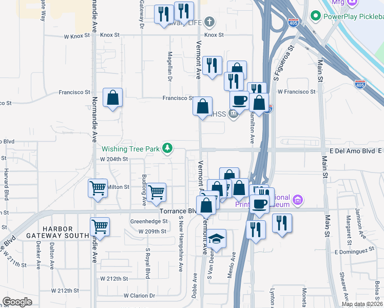 map of restaurants, bars, coffee shops, grocery stores, and more near 920 West Del Amo Boulevard in Torrance