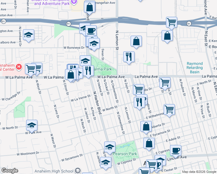 map of restaurants, bars, coffee shops, grocery stores, and more near 910 North Dickel Street in Anaheim