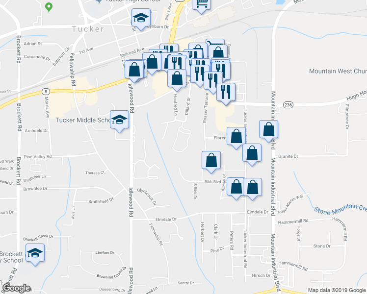 map of restaurants, bars, coffee shops, grocery stores, and more near 2220 Dillard Crossing in Tucker