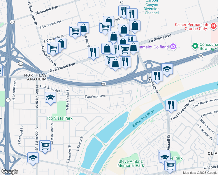 map of restaurants, bars, coffee shops, grocery stores, and more near 450 North Vía Porto in Anaheim