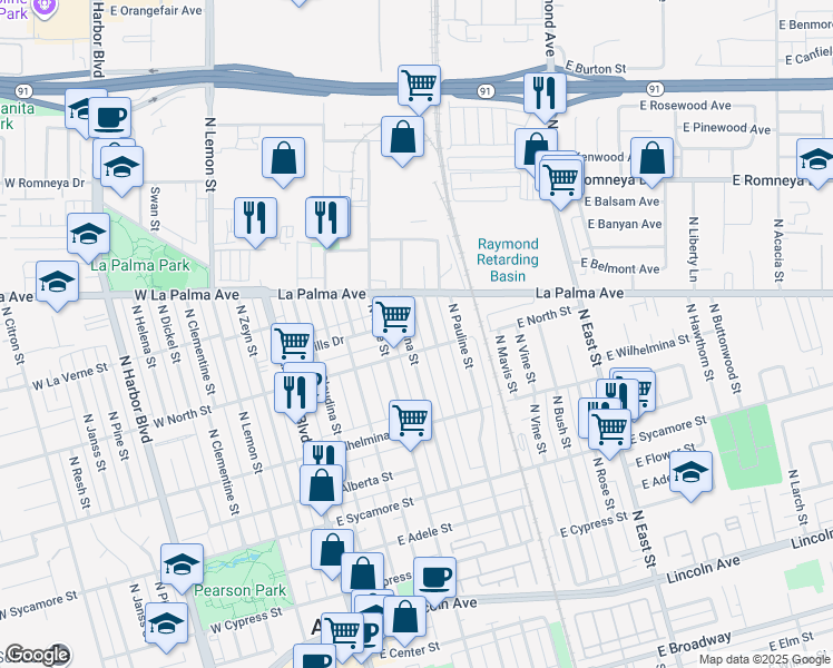 map of restaurants, bars, coffee shops, grocery stores, and more near 814 North Sabina Street in Anaheim