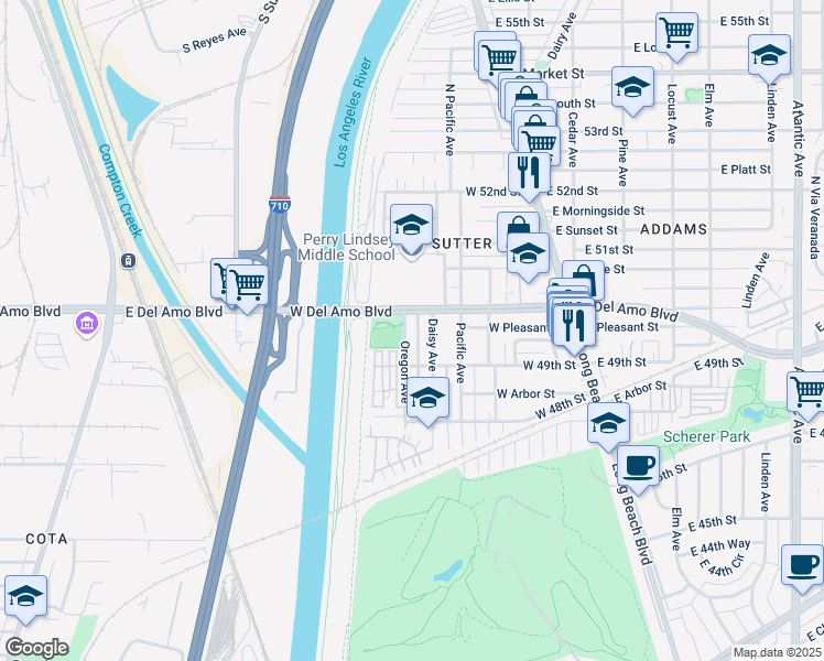 map of restaurants, bars, coffee shops, grocery stores, and more near 4958 Oregon Avenue in Long Beach