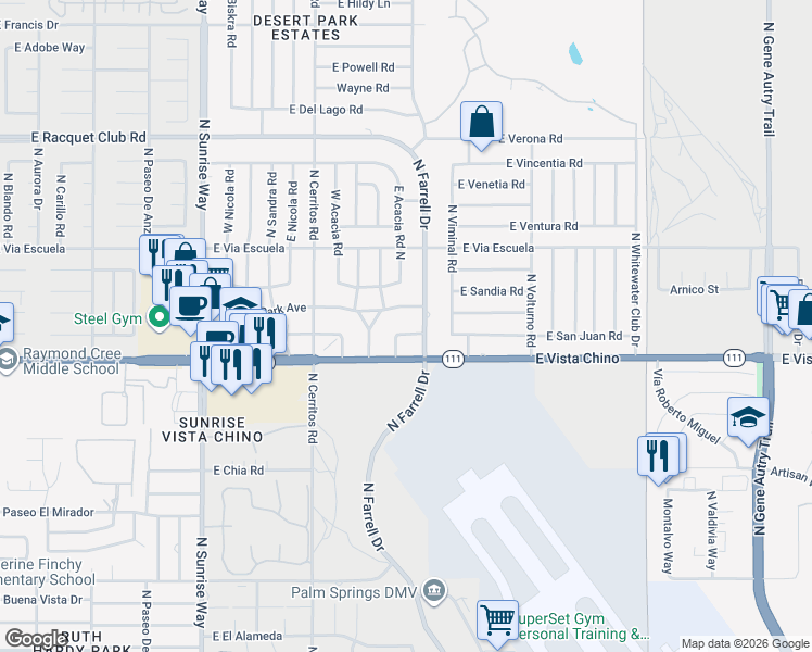 map of restaurants, bars, coffee shops, grocery stores, and more near 1880 Sharon Road in Palm Springs