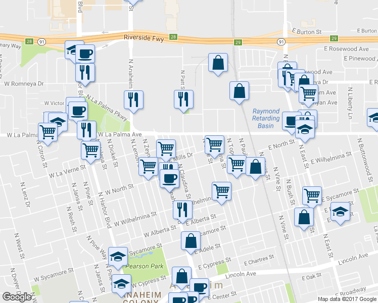 map of restaurants, bars, coffee shops, grocery stores, and more near 229 East Mills Drive in Anaheim
