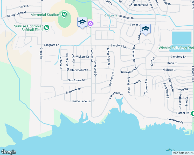 map of restaurants, bars, coffee shops, grocery stores, and more near 5415 Long Leaf Drive in Wichita Falls