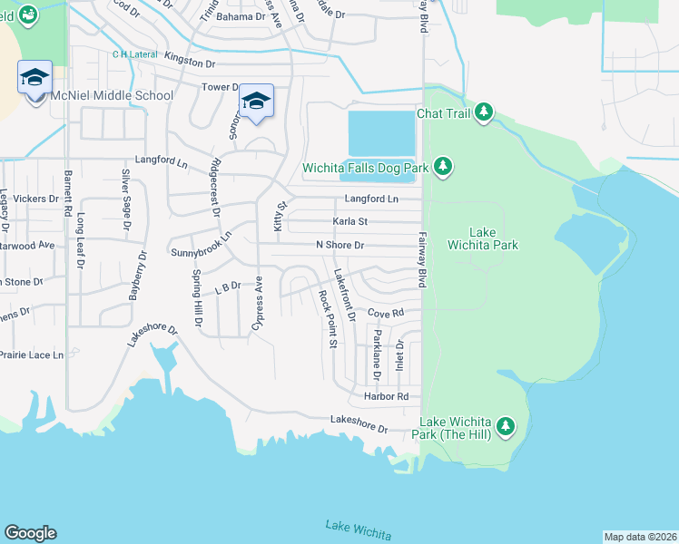 map of restaurants, bars, coffee shops, grocery stores, and more near 5007 Lakefront Drive in Wichita Falls