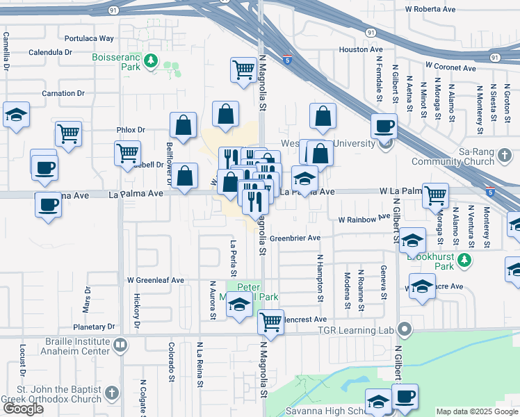 map of restaurants, bars, coffee shops, grocery stores, and more near 1029 North Magnolia Avenue in Anaheim