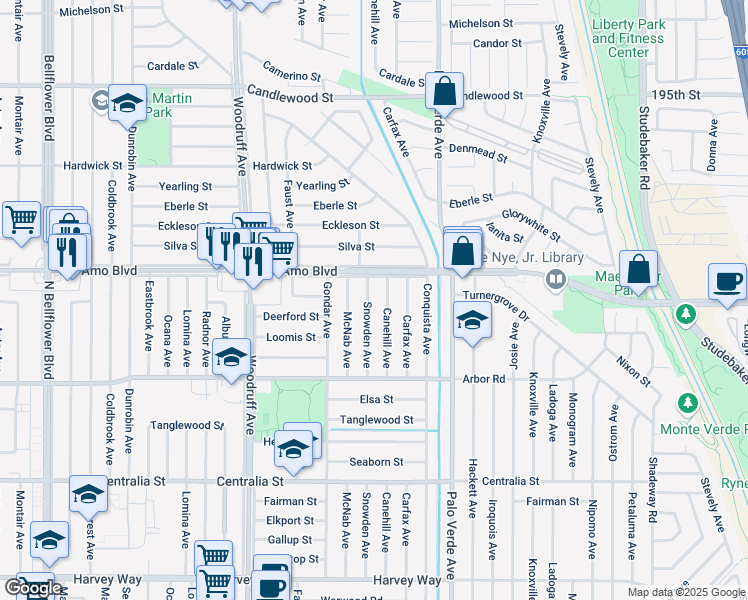 map of restaurants, bars, coffee shops, grocery stores, and more near 4832 Snowden Avenue in Lakewood