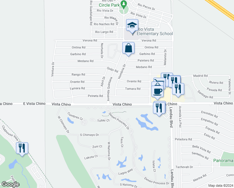 map of restaurants, bars, coffee shops, grocery stores, and more near 67600 Peineta Road in Cathedral City