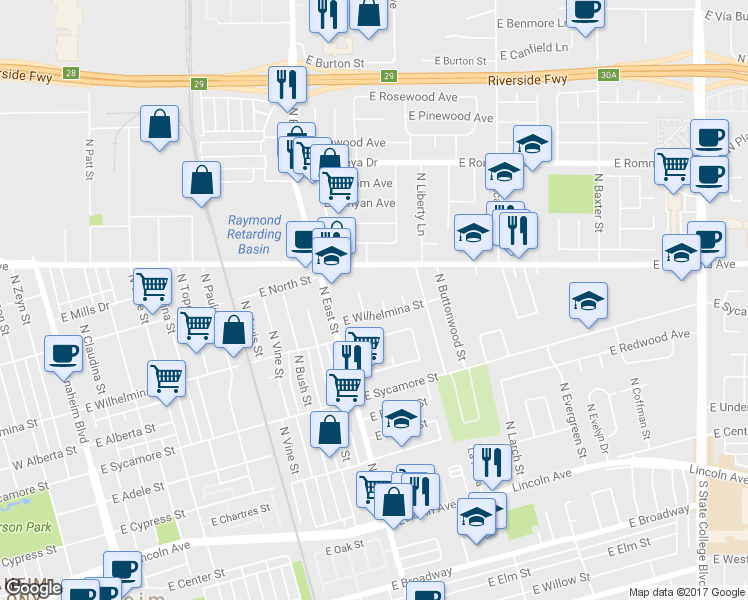 map of restaurants, bars, coffee shops, grocery stores, and more near 713 North Hemlock Place in Anaheim